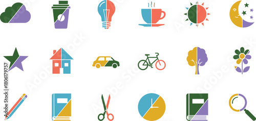 A vibrant collection of colorful abstract flat design icons representing various concepts and objects including nature technology creativity and education perfect for modern graphic design projects