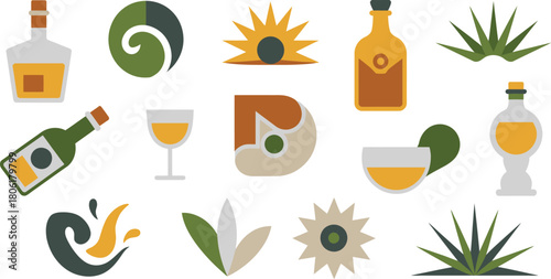 Variety of Flat Tequila Icons Bottles, Agave Plants, and Glassware Illustration