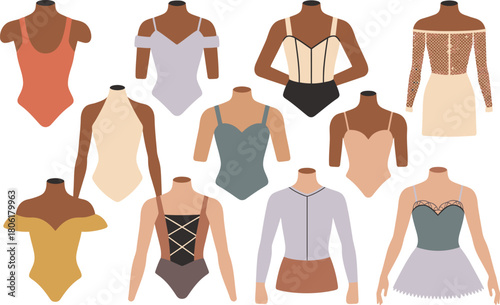 Variety of Leotards and Dancewear on Mannequins for Ballet and Dance Performances, Illustrations
