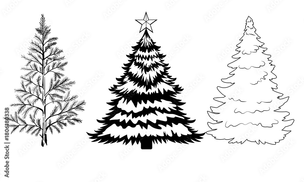 Obraz premium Christmas Tree set ink drawing graphics to draw by hand.