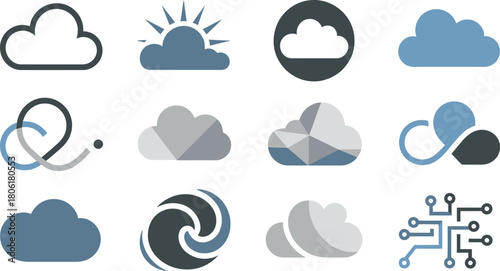 Various Cloud Computing Icons Weather Cloud, Sunburst Cloud, LowPoly, and Technology Network