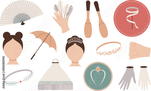 Various Vintage Accessories Fan, Gloves, Umbrella, Hair Decorations, and Other Charming Items Arranged Together