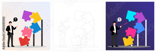 A modern flat vector illustration showing a business professional facing a large, unstable stack of puzzle pieces. The tilting puzzle represents crisis, uncertainty, and complex business challenges.