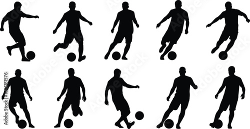 Soccer Player Silhouettes Vector Set of Ten Footballer Action Poses Dribbling Kicking and Training Skills