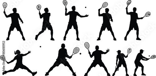 Tennis player silhouette vector set showing dynamic poses, racket swings, ball action, sports movement, training, and athletic performance.