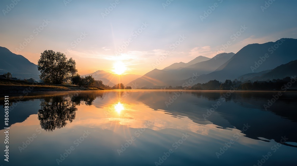 Fototapeta premium Sunrise over tranquil lake reflecting mountains and trees at dawn in a serene landscape setting