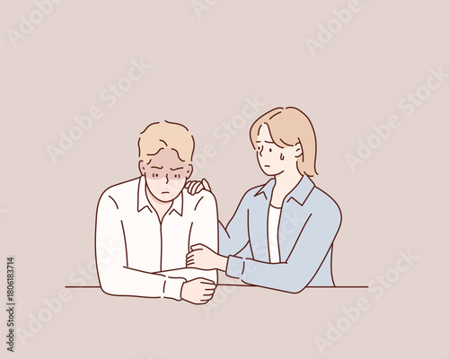The man is angry and upset, and his wife is consoling him.Original vector illustration drawn by hand.