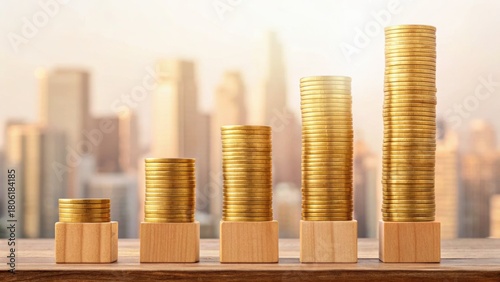 Stacks of coins in ascending order on wooden bases, with a city skyline blurred in the background, representing financial growth and investment.