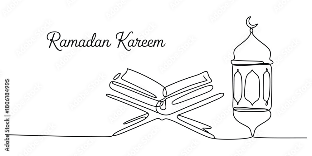 Naklejka premium Ramadan kareem greeting, holy quran, and lantern single line art