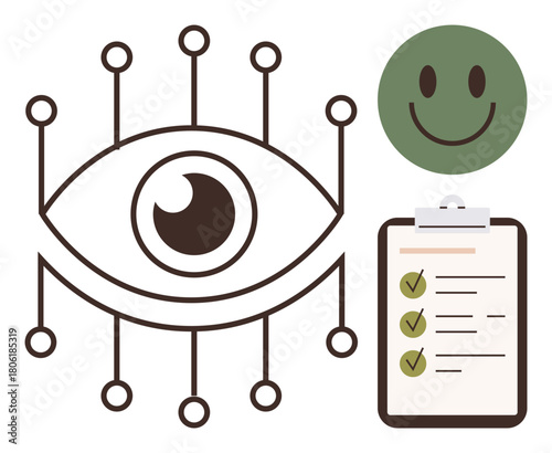 Eye with network nodes signifying vision and connectivity, happy face symbolizing positivity, checklist for organization. Ideal for teamwork, productivity, evaluation, feedback, monitoring, optimism