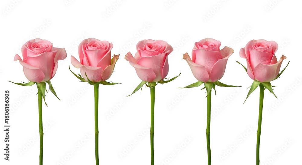 Obraz premium Five Elegant Pink Roses In A Row On Black Background