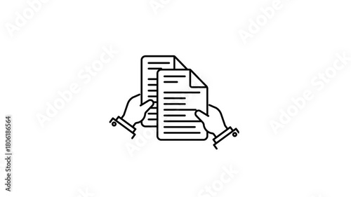 Hands holding two documents with text lines on white background line art icon paper information