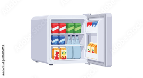 Compact Mini Fridge Stocked with Refreshing Beverages and Snacks Isolated on White Background