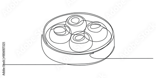 Continuous line drawing of four abstract rolls in a serving dish