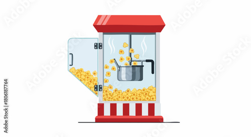 Classic Red Popcorn Machine Making Fresh Steaming Popcorn on White Background