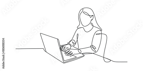 Minimalist line art woman working on laptop, remote work concept