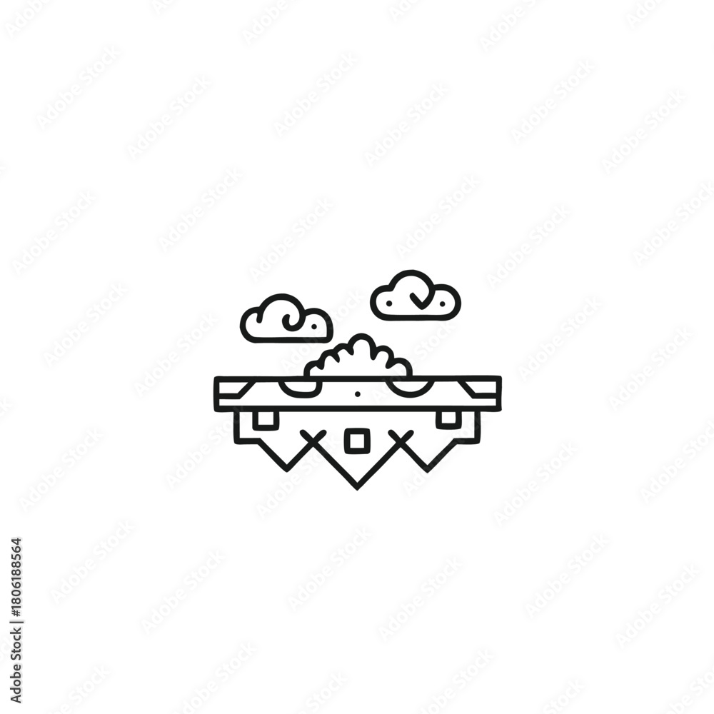 Fototapeta premium Black outline shows a floating mystical landmass under clouds in a line art style