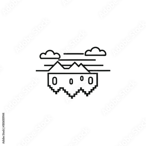 Outline of digital pixelated mountain range landscape beneath fluffy clouds and horizontal lines
