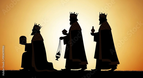 Silhouettes of Three Wise Men with Gifts Against Sunset Sky kings magi