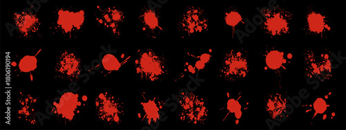 Red paint blood splatter set. Grunge Halloween drops, sprays, and stains.