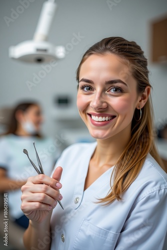 Friendly Female Dentist with Dental Tools Bright Clinic