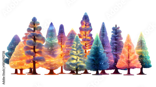 Group of miniature 3D Christmas trees with neon fairy lights and glossy texture, joyful winter holiday celebration design, isolated on white background