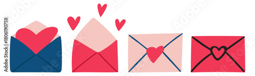 Valentine's Day Envelopes. Minimal vector set of cute love letters with hearts. Simple romantic stationery collection.
