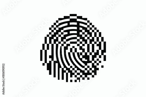 Fragmented pixelated fingerprint pattern blends technology and identity on a clean white background