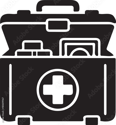 Black and White Icon of an Open First Aid Kit with Medical Cross Symbol health emergency