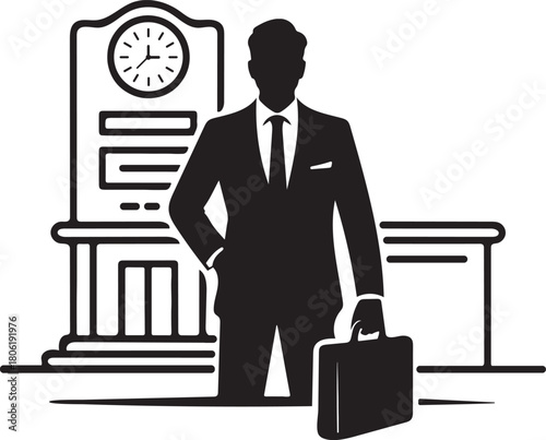 Silhouette of a businessman in a suit holding a briefcase standing in front of a clock tower vector illustration
