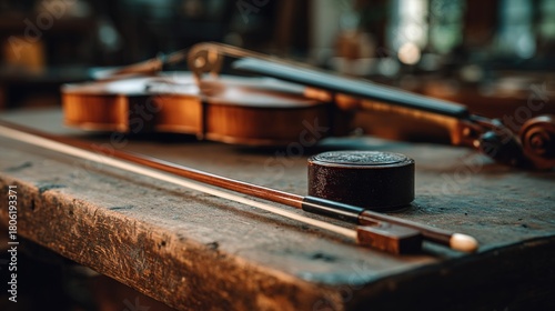 horsehair. A finely carved violin bow and rosin resting side by side on wood. event programs, museum guides, designed for cultural heritage projects and event programs, preserves heritage.