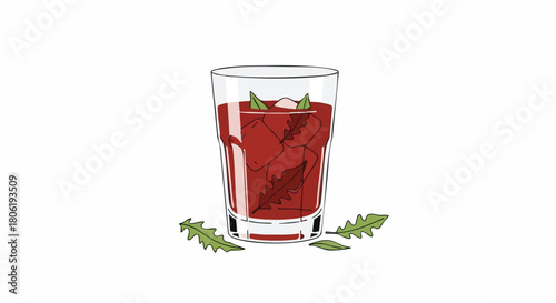 Hand Drawn Illustration of Refreshing Red Herbal Detox Drink with Ice and Mint Leaves