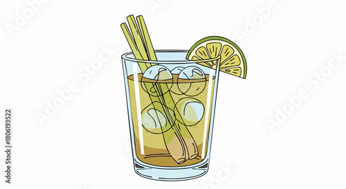 Refreshing Lemongrass Iced Tea or Cocktail Illustration on White Background