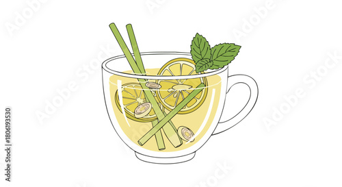 Healthy Herbal Tea with Lemon Slices Mint and Lemongrass in Clear Glass Cup Illustration