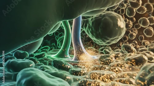 Liver detoxification, hepatic tissue where toxins dissolve into light particles, antioxidants neutralize radicals