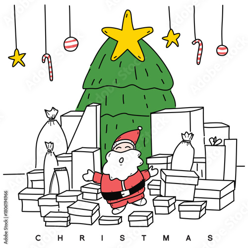 Vector illustration of Santa Claus, a big christmas tree with a star, hanging christmas decorations on top and a bundle of gift boxes.