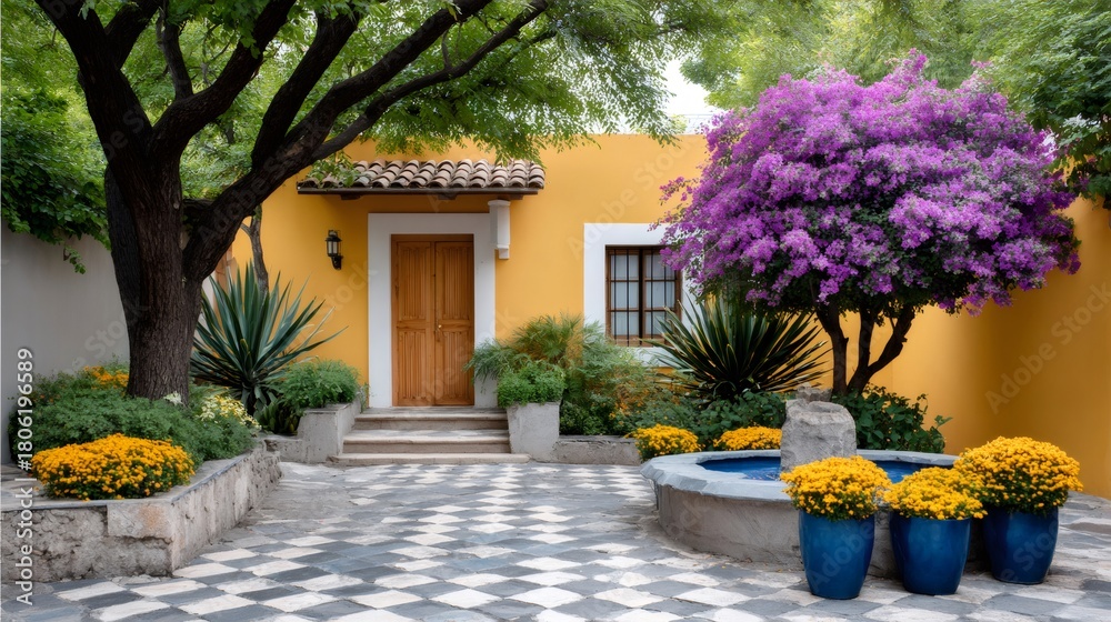 Fototapeta premium Traditional hacienda courtyard featuring vibrant bougainvillea and fountain