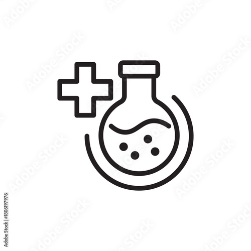 Solvent recovery icon. Features a chemical flask with liquid and a plus sign indicating addition reclamation. Represents chemical recycling, waste reduction, purification, and sustainable laboratory.