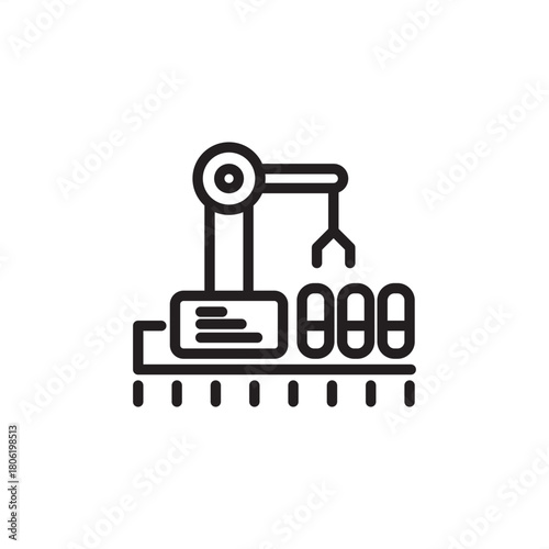 Pharmaceutical production icon. Features a robotic arm over a conveyor belt of capsules. Represents automated manufacturing, assembly line, quality control, and industrial automation in the medical.