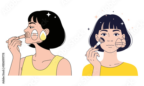 Woman applying facial makeup with brush and sponge, beauty routine illustration
