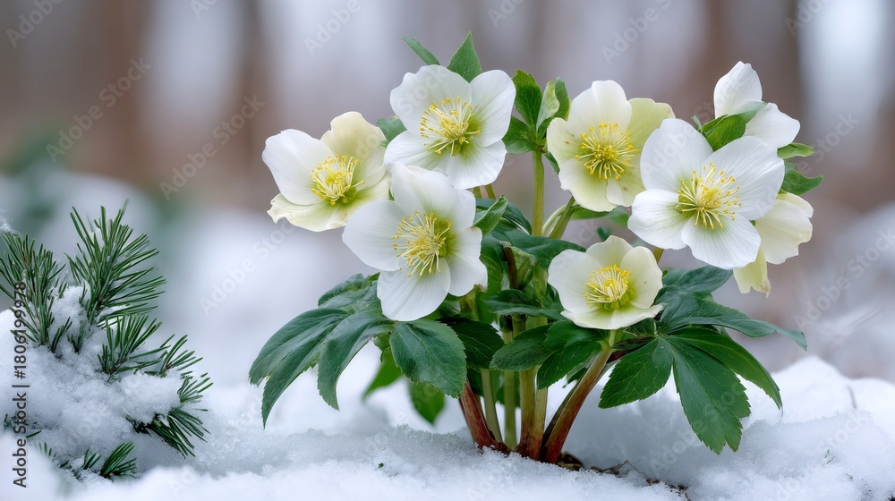 Naklejka premium Hellebore flowers blooming through snow in winter garden