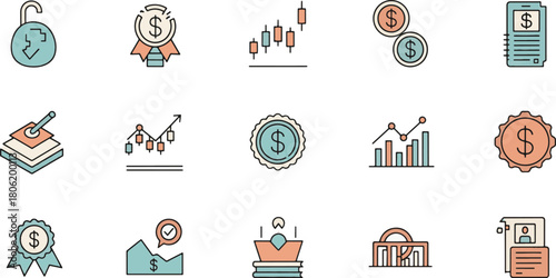 Money and finance icons set, outline style isolated on