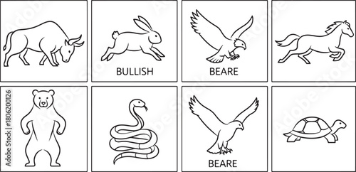 Stock market trading concept with bull, bear, snake, turtle, horse, rabbit isolated on