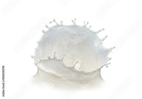 spectacular eruption of ultra-transparent milk, frozen mid-air as a hyper-detailed crown splash of droplets and creamy mist against a transparent studio backdrop. Concept of volatile fluid dynamics