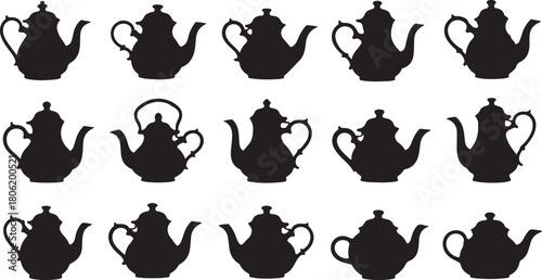 Collection of fifteen black teapot silhouettes on white background