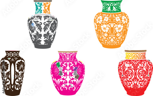 Collection of Five Colorful Decorative Vases With Floral Patterns