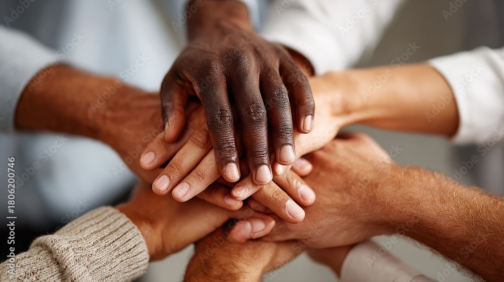Fototapeta premium A group of diverse hands placed together in the center, showing unity and teamwork.