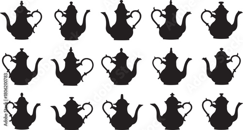Fifteen black teapot silhouettes with decorative patterns