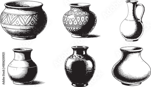Hand Drawn Sketch Of Six Different Pottery Vessels