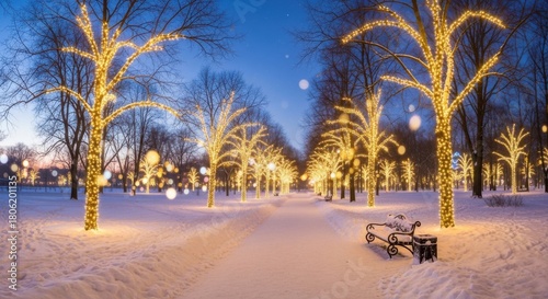 Enchanting winter park scene with snow-covered ground and trees adorned with glowing lights creating a magical holiday atmosphere for celebrations